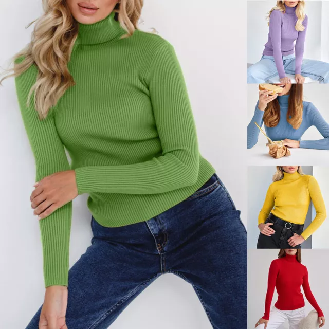 Women's Basic Turtle Neck Sweater Long Sleeve Ribbed Stretch Fitted Solid *