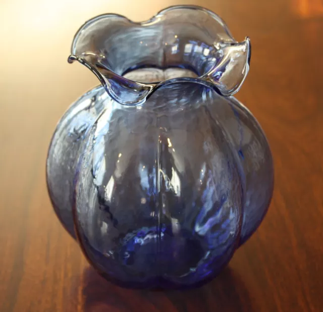 Hazel Atlas Imperial Blue Depression Glass Vase 1930's Ruffled Rim Ribbed Body