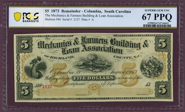 1873 Mechanics & Farmers Building & Loan Association SC $5 67 PPQ PCGS (L0563)