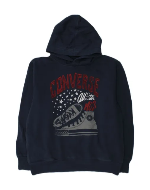 CONVERSE Boys Graphic Hoodie Jumper 12-13 Years Large Navy Blue Cotton CZ09