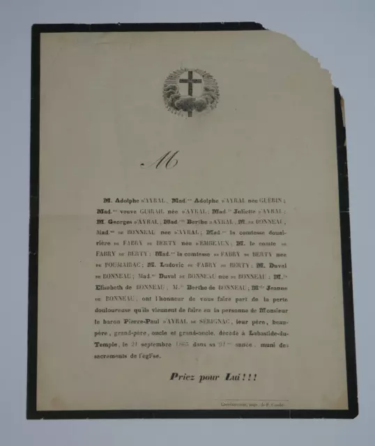 Pierre-Paul d'AYRAL de SÉRIGNAC - FAIRE PART DE DÉCÈS - 1865