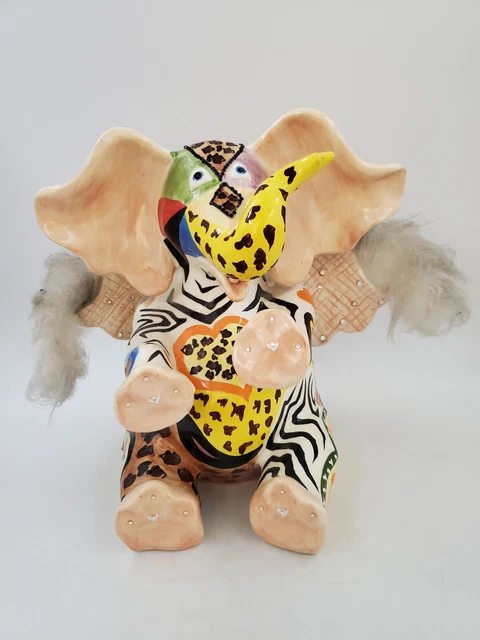 KoKo Creation 2002 Whimsical Patchwork Feathered Angel Wings Ceramic Elephant