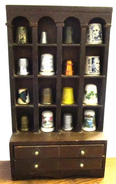 Vintage Dark Wood Thimble Display Case Hanging Wood shelf Trinkets