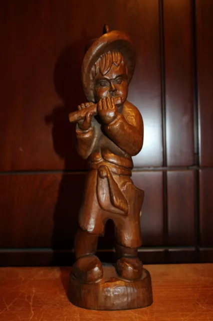 Antique 12" Wood Hand Carved German Black Forest Musician Boy Statue Figure Gift