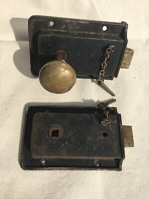2 x Antique Iron Door Rim Locks with Brass Knobs Fully working Good Condition 2