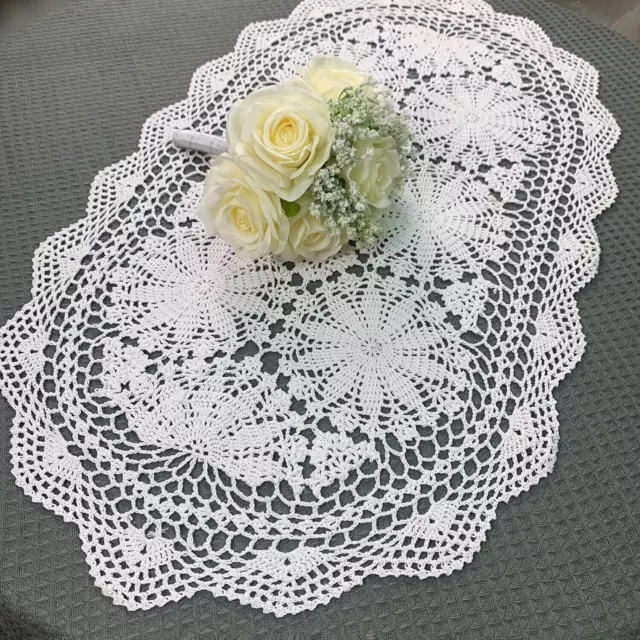 20"x32" White Vintage Hand Crochet Lace Table Runner Oval Dresser Scarf Doily