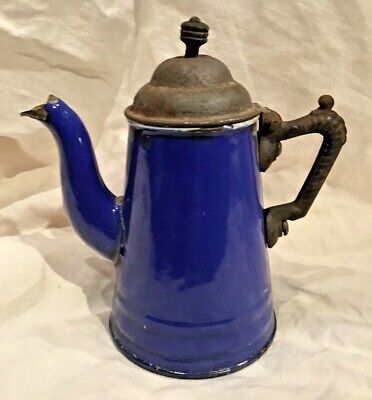 Antique Dark Blue Graniteware Coffeepot With Cast Iron Handle Antique Enamelware