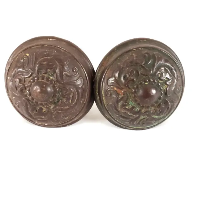 (2) Antique Victorian Ornate Cast Brass Door Knob 2-1/4" Diameter