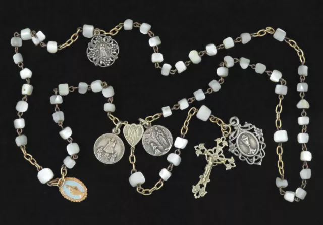 1900-1920s - ART NOUVEAU MOTHER of PEARL BEADS ROSARY w/ Sterling Silver MEDALS