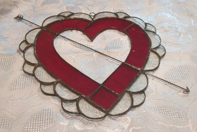 Stained Glass Hanging Art Window Sun Catcher Arrow Through A Red Heart Valentine