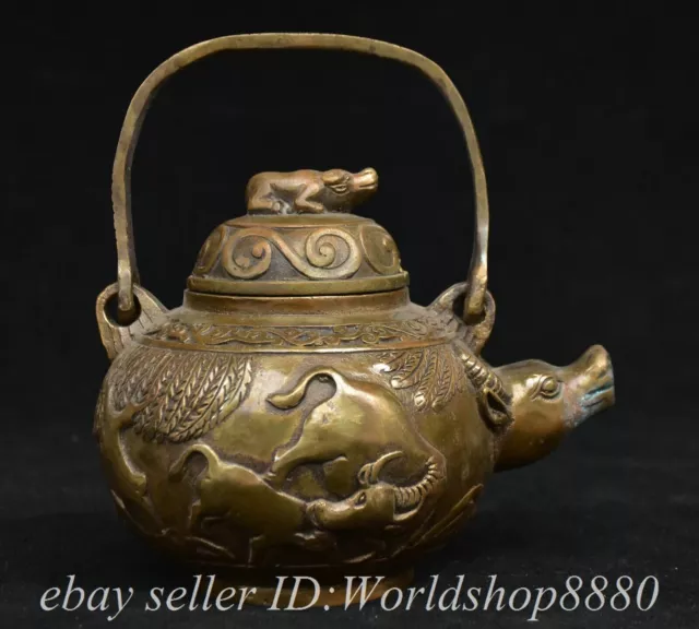 4.8" Marked Old Chinese Copper Dynasty 5 Cattle Ox Kettle Teapot Statue