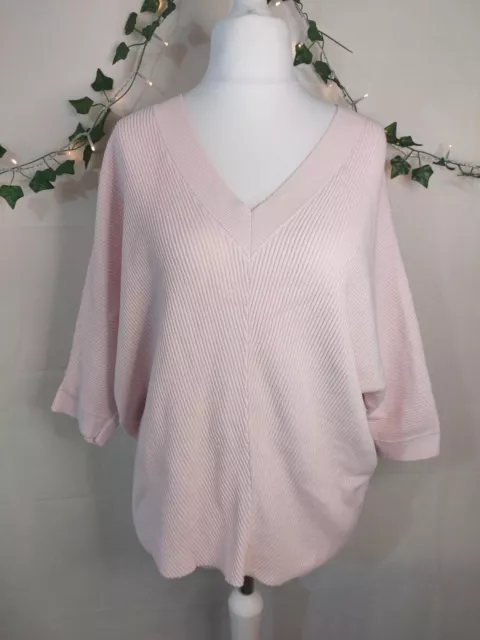 Phase Eight Batwing Pink Ribbed Sweater Jumper 3/4 Sleeve Size M 10 12 14