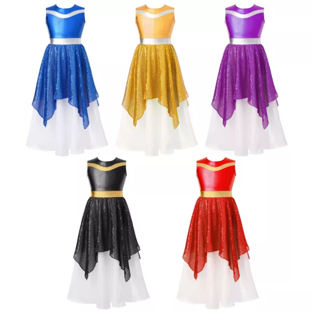 Kids Girls Dancewear Swing Dress Sequin Maxi Long Teen Wedding Children Flower 3