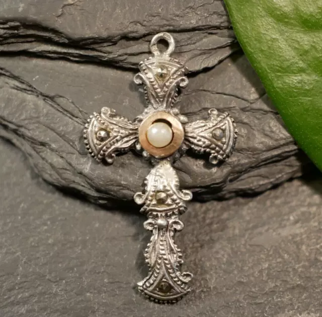 Zauberhafter Silber Anhänger Kreuz Glaube Religion Christentum Perle Markasiten