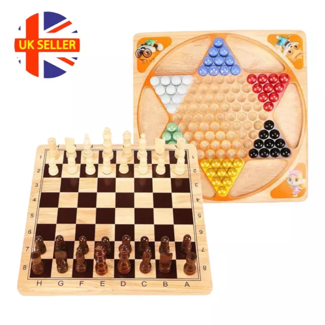 2 in 1 Wooden Chess Set Chinese Checkers Board Table Games Kids Adults Family