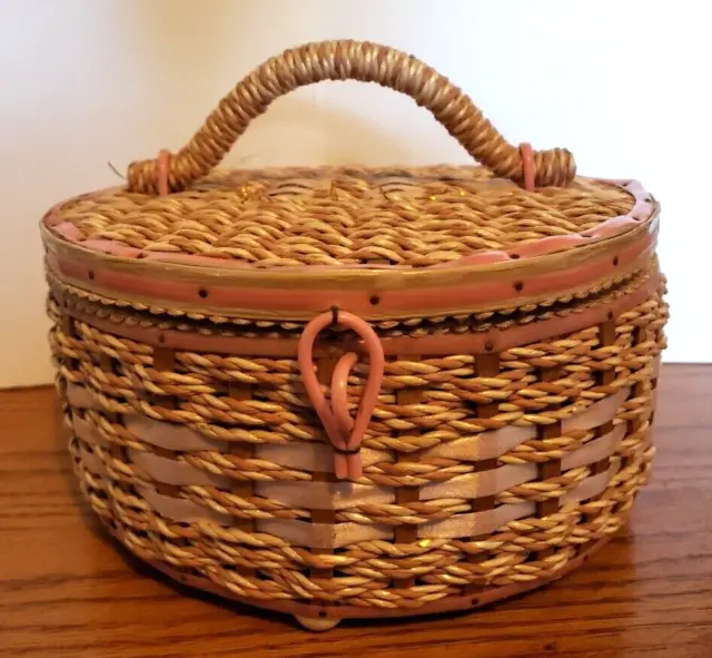 Vintage Round Woven Wicker Sewing Basket With Handle And  Contents.