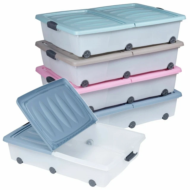 LARGE UNDER BED Plastic Storage Box Wheeled w/Lids Shoes Clothes Split ...