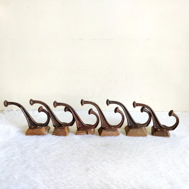 1920s Vintage Iron Wall Hooks Hanger Wooden Rich Patina Decorative 6 Pcs. I601