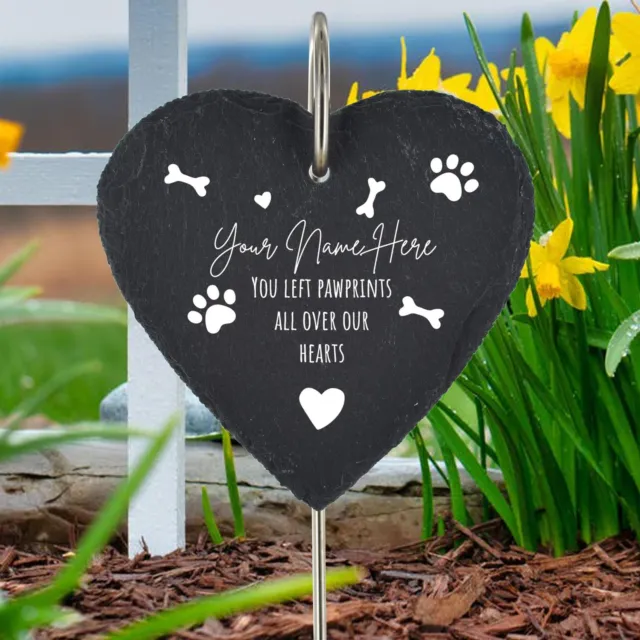 Personalised Dog Grave Stick Marker Pawprints Here Plaque Slate Heart Memorial