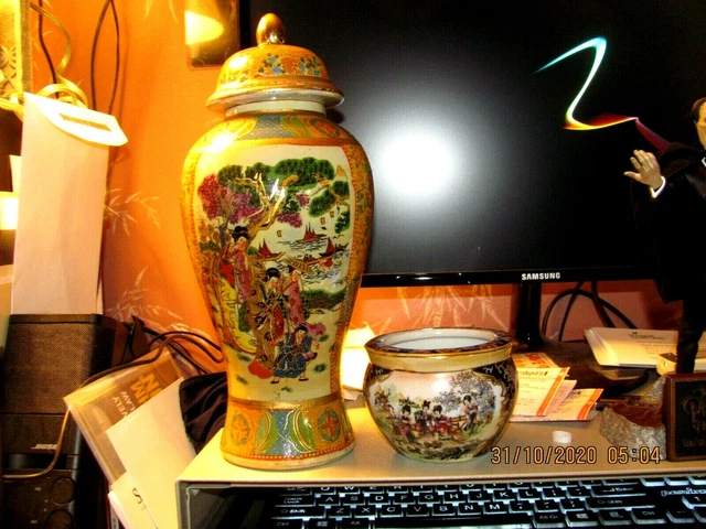 12"  ornate decorated ceramic lidded jar and small  Satsuma ceramic bowl Nice