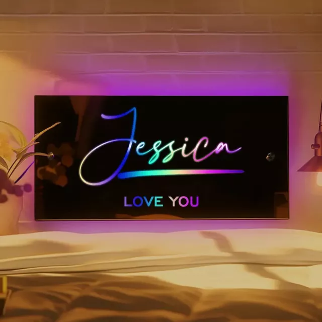 Personalised Name Mirror Sign, LED Custom Illuminated Light Up Bedroom Sign