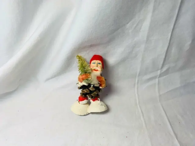 Antique Christmas Santa Composition Pine Cone Spun Cotton Ornament c1920