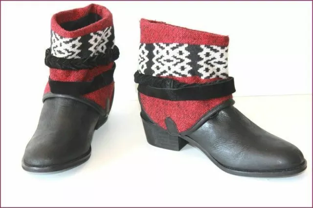ZARA Bottines Boots Cuir Noir Revers Textile Coloré T 36 TTBE