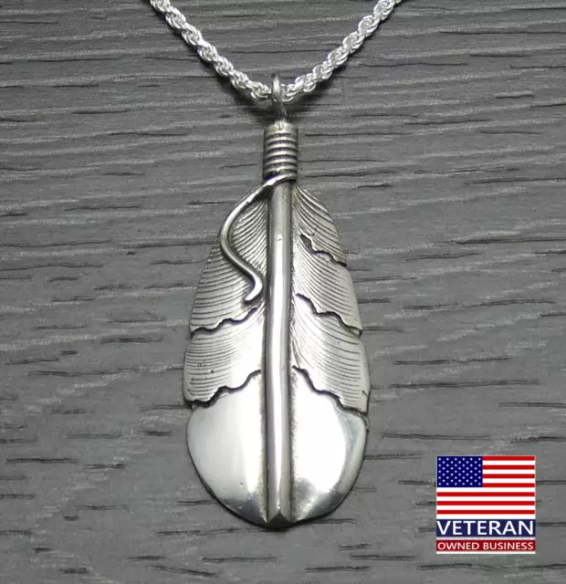 Vintage Sterling Silver Navajo Large Feather Pendant Rope Chain Necklace 24 inch