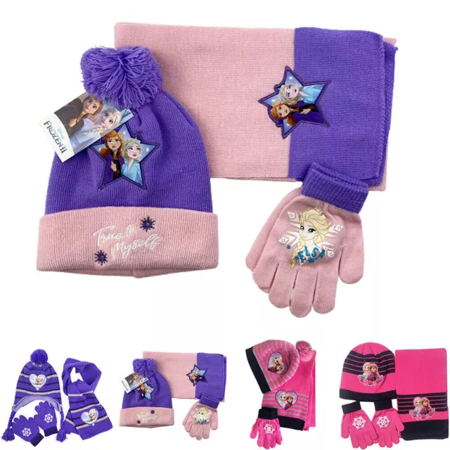 Kids Winter Frozen Elsa Anna Hat Scarf Gloves Set Girls Pompom Beanie Cap Gifts