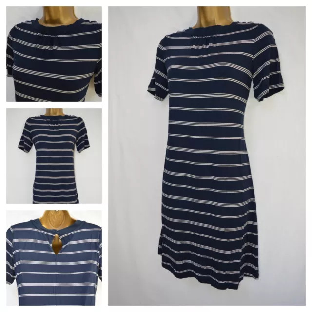 ABITO SWING A RIGHE M&S blu navy stretchy in jersey taglia 10 busto 35/36"