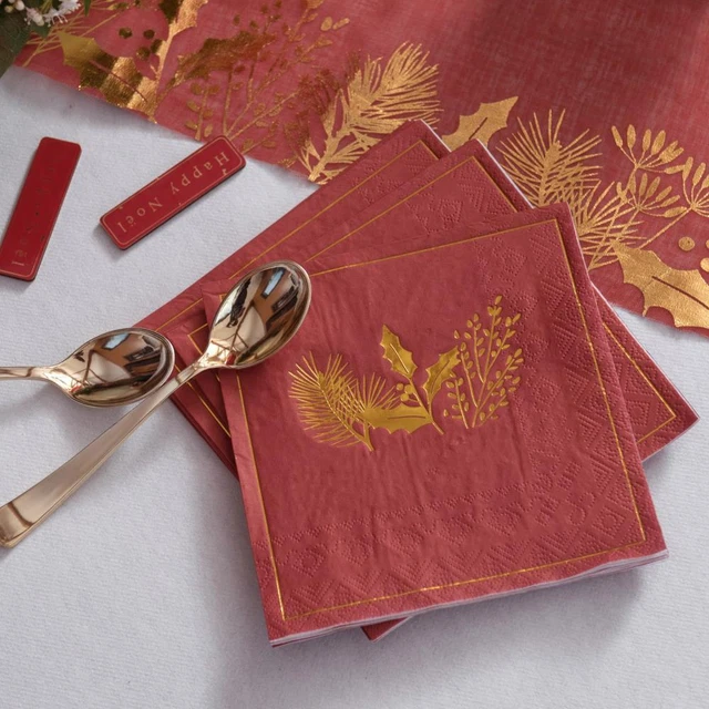 Red Napkins with Gold Holly | Christmas Foiled Table Decoration x 20