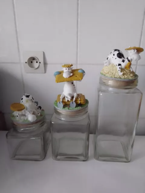 Bocal / Pot A Confiserie Verre Bouchon En Liège - Theme Vache - Lot X3 Pots