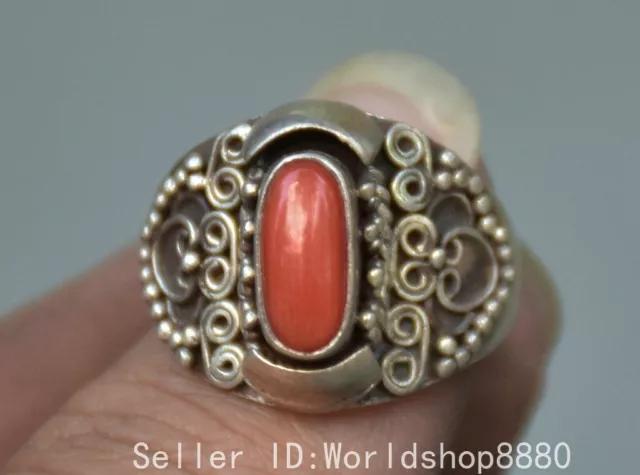 1" Ancient China Silver Inlay Red Gems Dynasty Fengshui Flower Ring Finger Ring