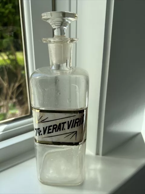 Vtg Antique Pharmacy Clear Glass Label Apothecary Jar Bottle Tr. Verat.Virid