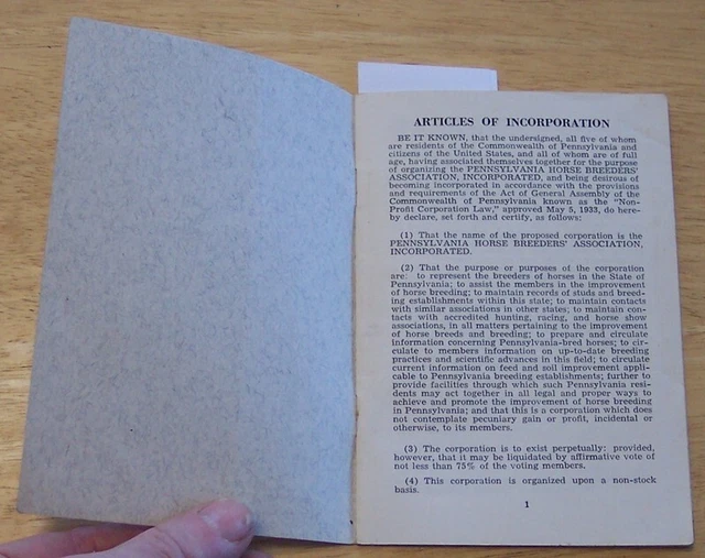 Pennsylvania Horse Breeders' Association Articles of Incorp By-Laws 1948 equine