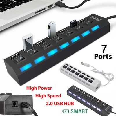 Time Saver Hi-Speed USB 2.0 Multi Splitter Box Porta 7-Port Hub interruttore acceso/spento UK 