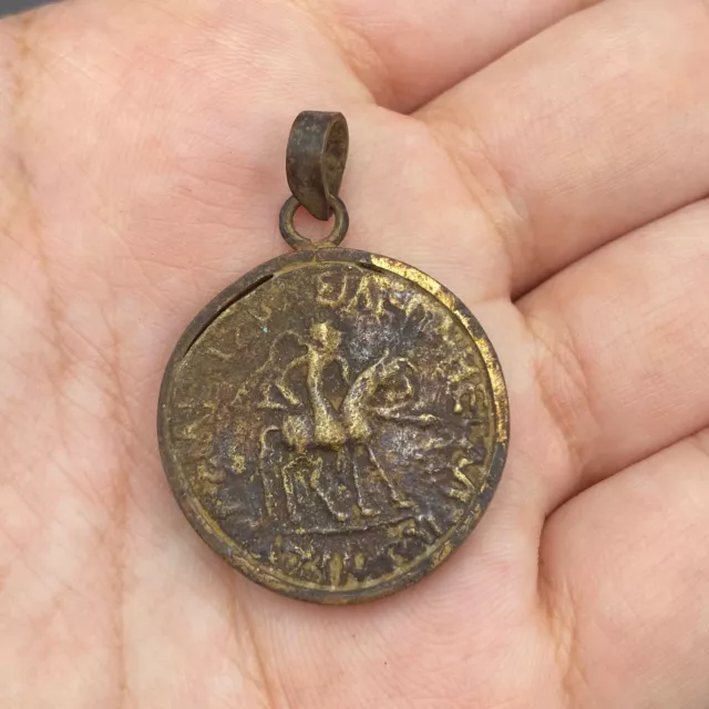 Ancient Roman king on horse bronze coin pendant