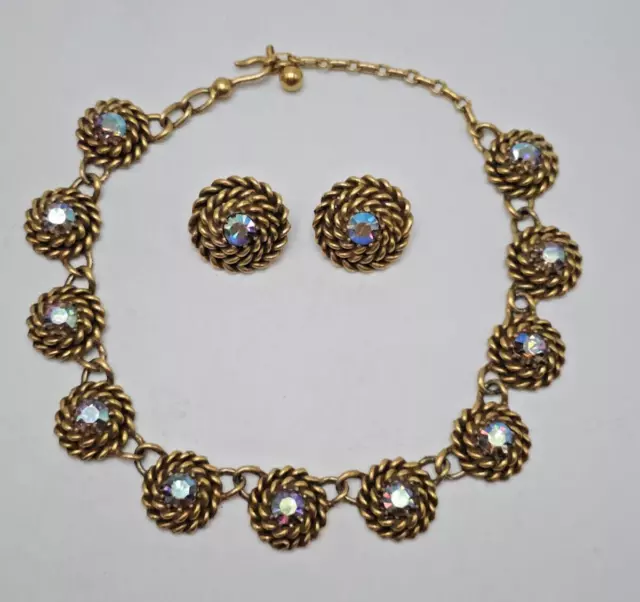 Coro Early Book Pieces Matching Blue AB Rhinestone Gold Tone Rope Set