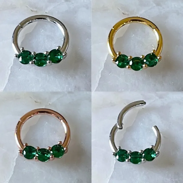 Triple Emerald Green Gem Hinged Septum Clicker Daith Rook Ear Ring 1.2mm 8mm