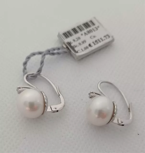 Boucles D'Oreilles or Blanc 750 18K Femme Perles Vrai Diamants Oreilles