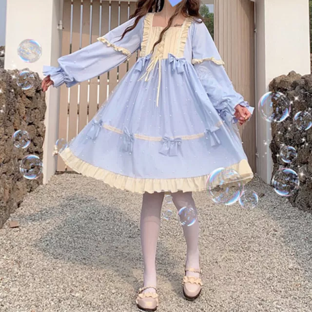 Donna Bambina Lolita Principessa Abito Carino Lungo Puff Maniche Rete Con Fiocco