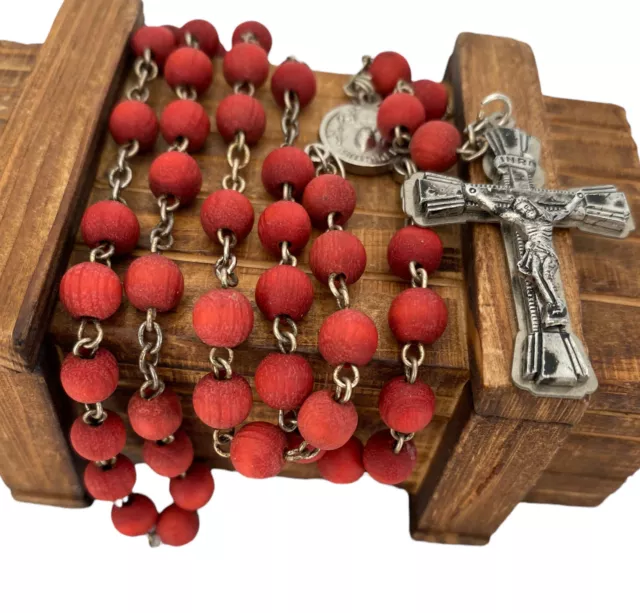 Vintage Rosary Red Beads Cross John Paul Centrepiece Prayer Mediation Comfort