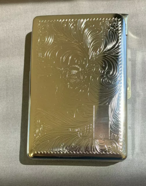 Etched Design Silver Cigarette Case with Built in Lighter Metal Wallet D1