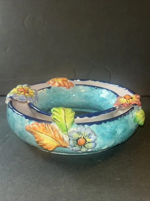 Majolica Pansy Flower Ring Frog Porcelain Italy Italian Pottery Vase Planter Pot