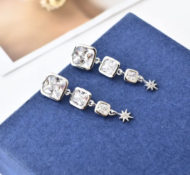 Elegant 18K White GOLD Filled Square LAB DIAMOND Fashion Dangle Stud Earrings