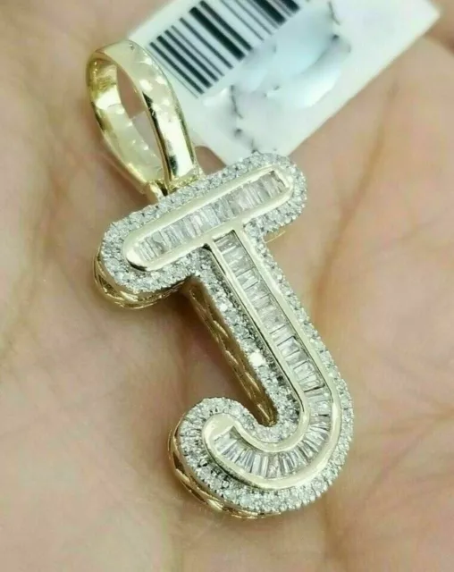 14K Yellow Gold Over Baguette Diamonds Initial Alphabet Letter J Pendant Charm