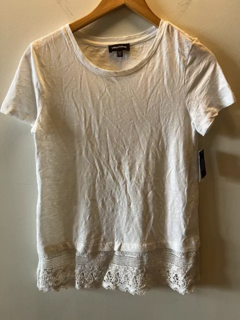 Lord and Taylor 100% Cotton T Shirt, Lace trim, white, women’s XS NWT