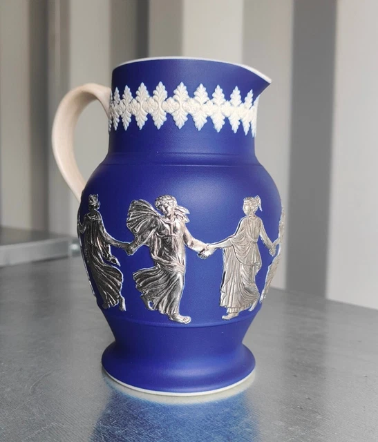 Jasper Ware Dudson Hanley Wedgwood style Cobalt Blue Pitcher Dancing Hours Jug