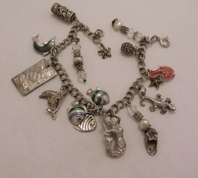 Sterling Silver Link 2 Curb Bracelet w/12 Charms, Hawaiian, Mermaid Dolphin 30 g