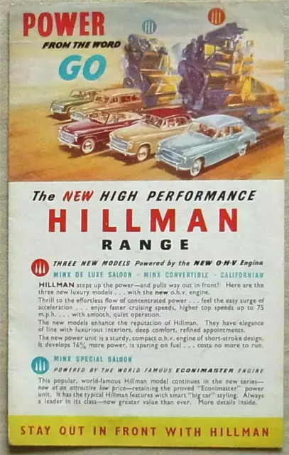 HILLMAN RANGE Car Sales Brochure 1950s MINX SALOON Convertible CALIFORNIAN